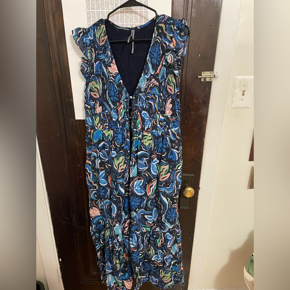 Anthropologie Peregrine Midi Dress, Size L, blue print